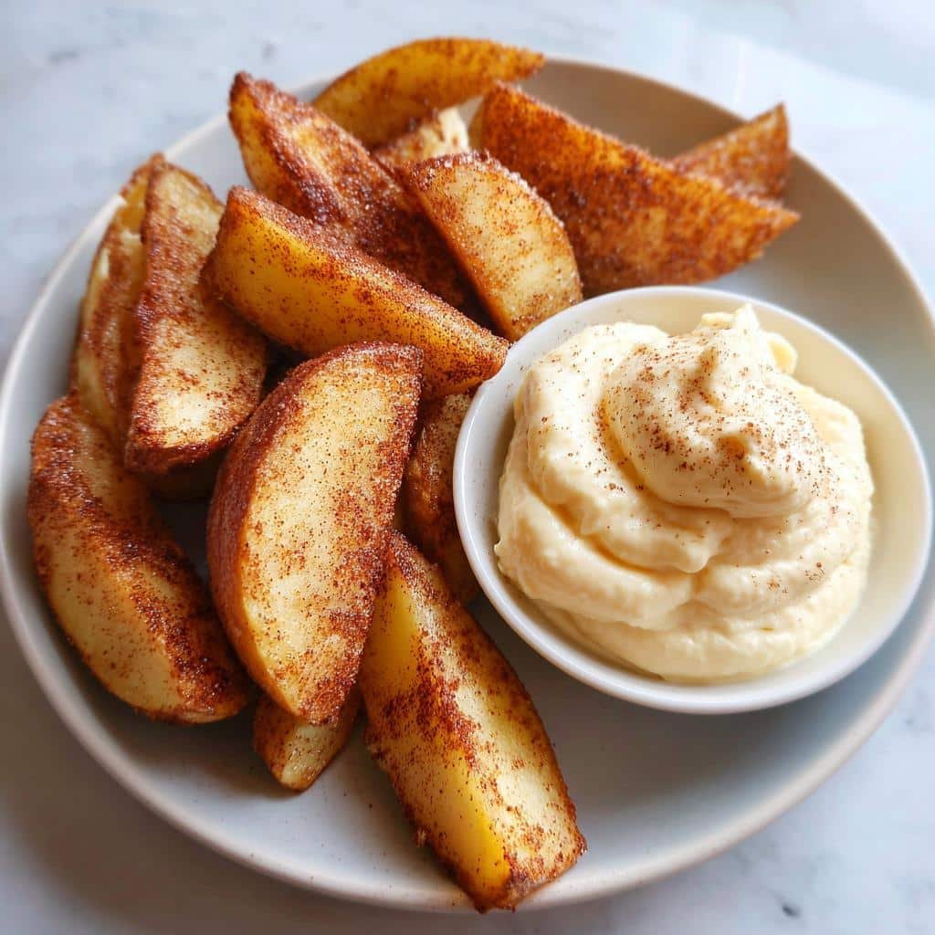 Healthy Air Fried Apple Wedges with Caramel Whipped Cream Dipping Sauce