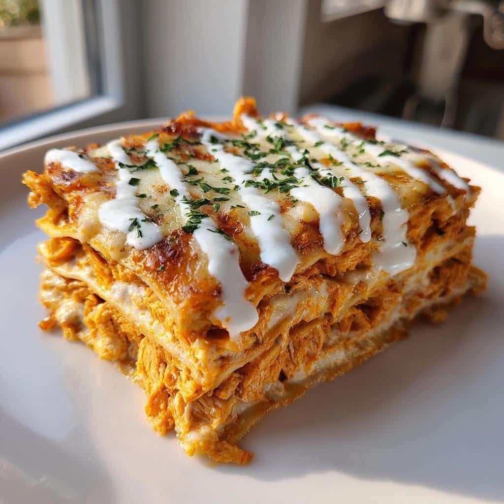 Healthy Cheesy Buffalo Chicken Lasagna with Ranch Drizzle