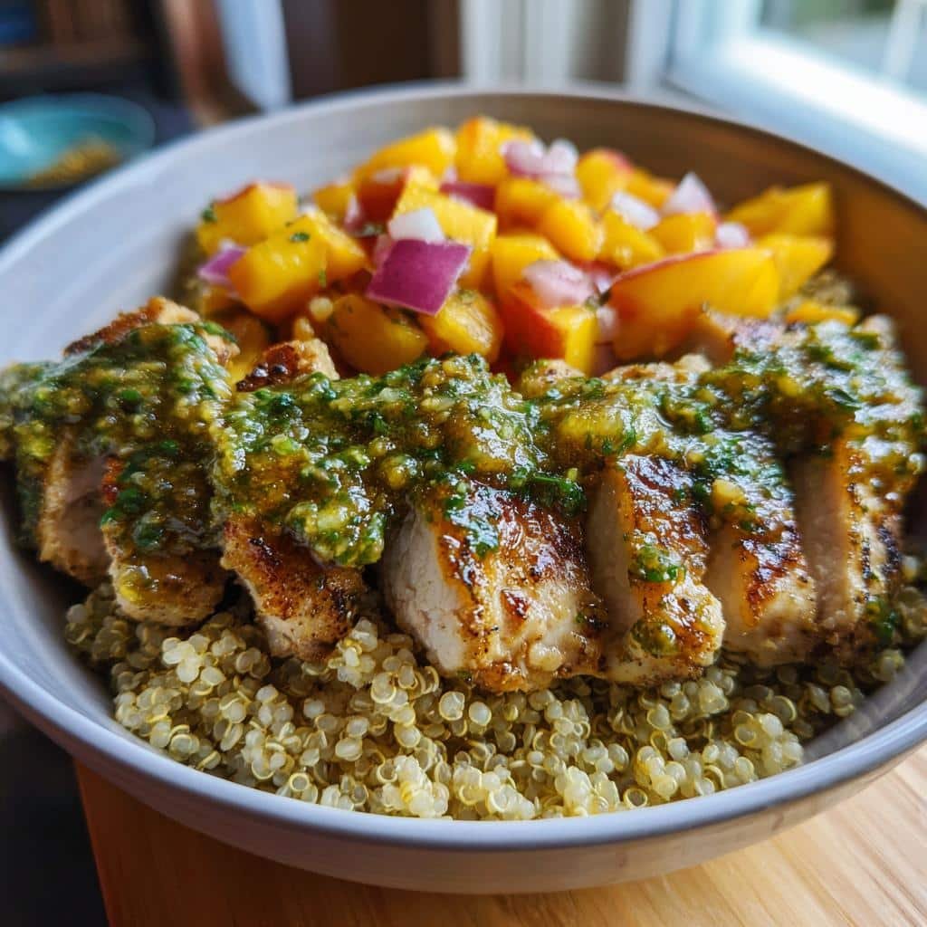 Healthy Cilantro Lime Chicken Bowls with Peach Salsa
