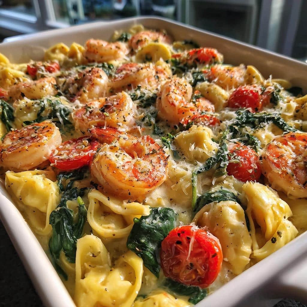Healthy Creamy Shrimp Tortellini Alfredo Casserole