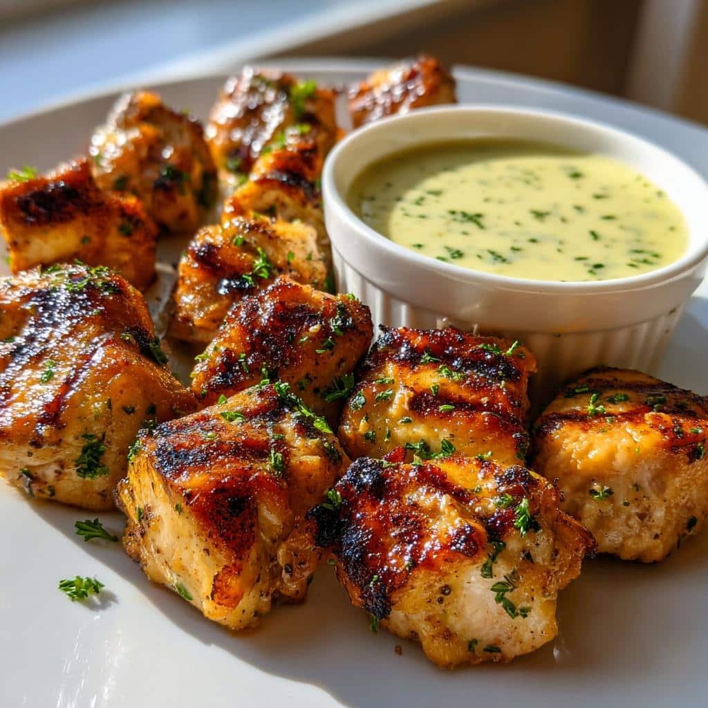 Healthy Grilled Chicken Bites with Creamy Garlic Sauce