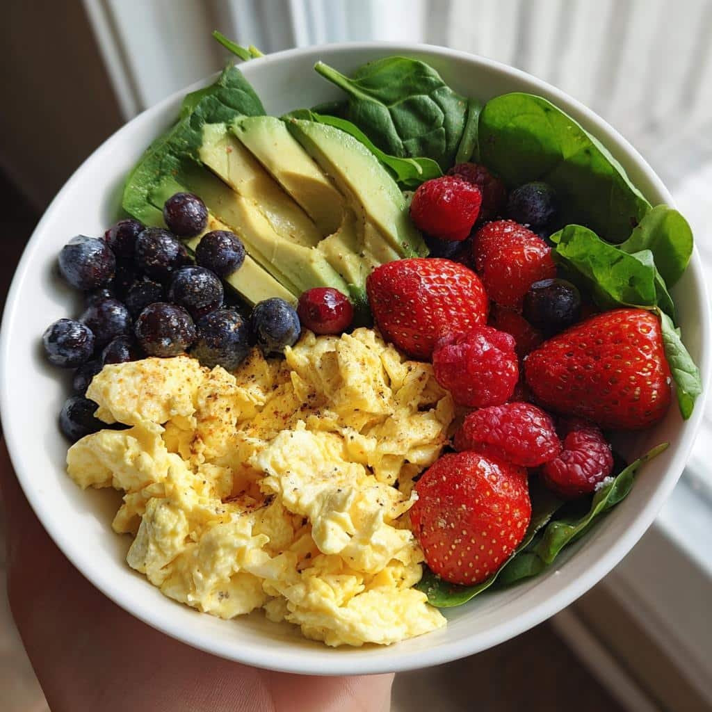 Healthy Power Breakfast Bowl with Scrambled Eggs, Avocado & Berries - detail 1