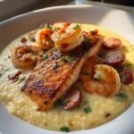 Healthy Salmon, shrimp & sausage over creamy jalapeno cheddar grits