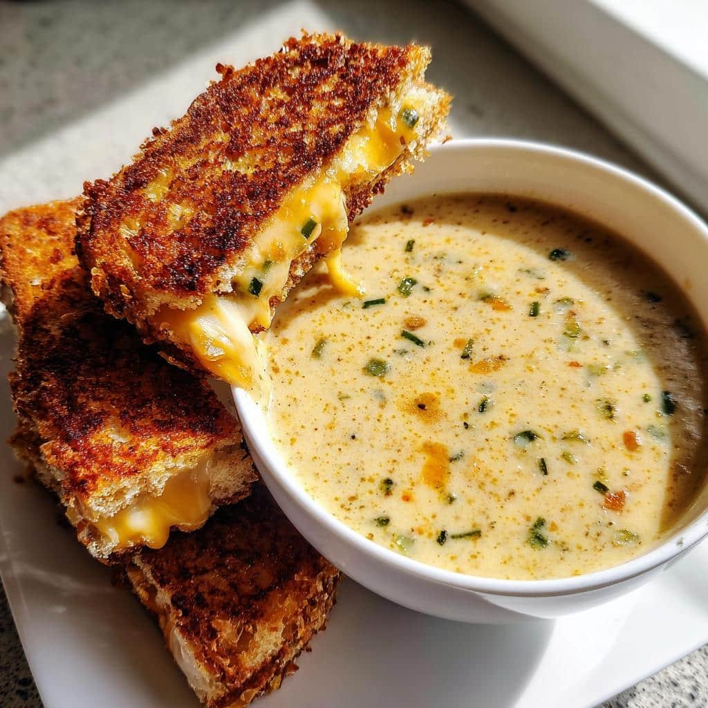 Healthy Spicy Jalapeño Popper Soup with Grilled Cheese Dippers