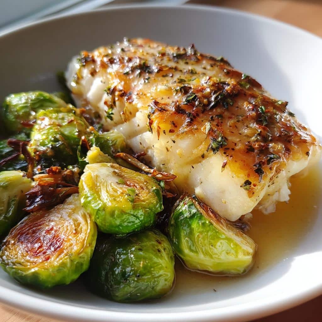 Healty Lemon Garlic Butter Cod Bowls with Roasted Brussels Sprouts