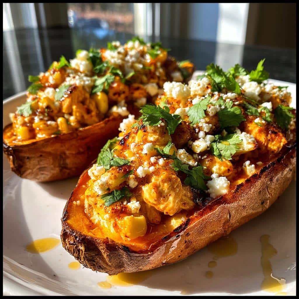 Healty Street Corn Chicken Stuffed Sweet Potatoes with Hot Honey Lime