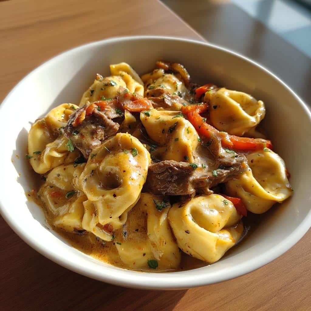 "30-Minute Christmas Healthy Cheesesteak Tortellini Recipe" 4 Christmas Healthy Cheesesteak Tortellini in Rich Provolone Sauce, - detail 1