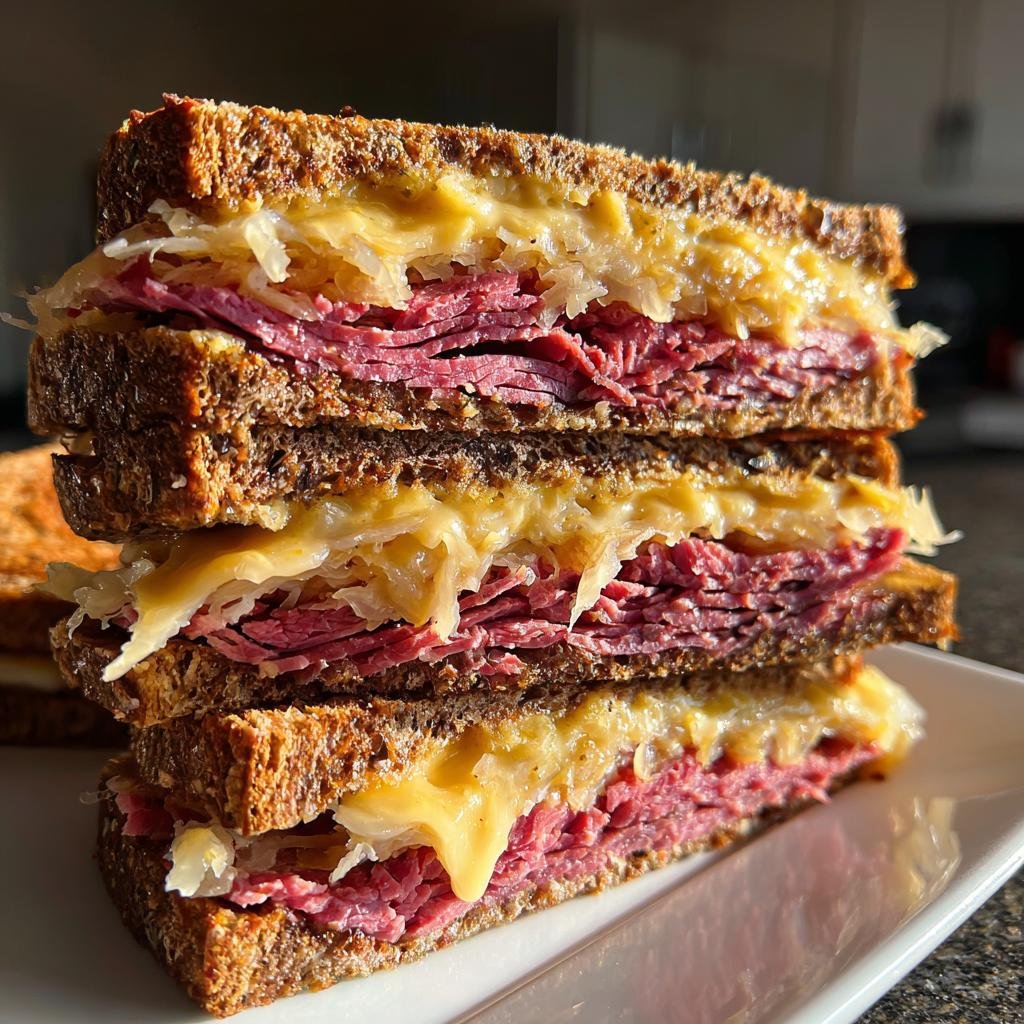 Christmas Healthy Corned Beef: 10-Minute Festive Sandwich Magic 4 Christmas Healthy Corned beef layered with rye bread, sauerkraut, and Swiss cheese - detail 1