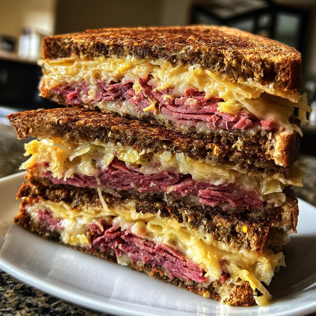Christmas Healthy Corned beef layered with rye bread, sauerkraut, and Swiss cheese