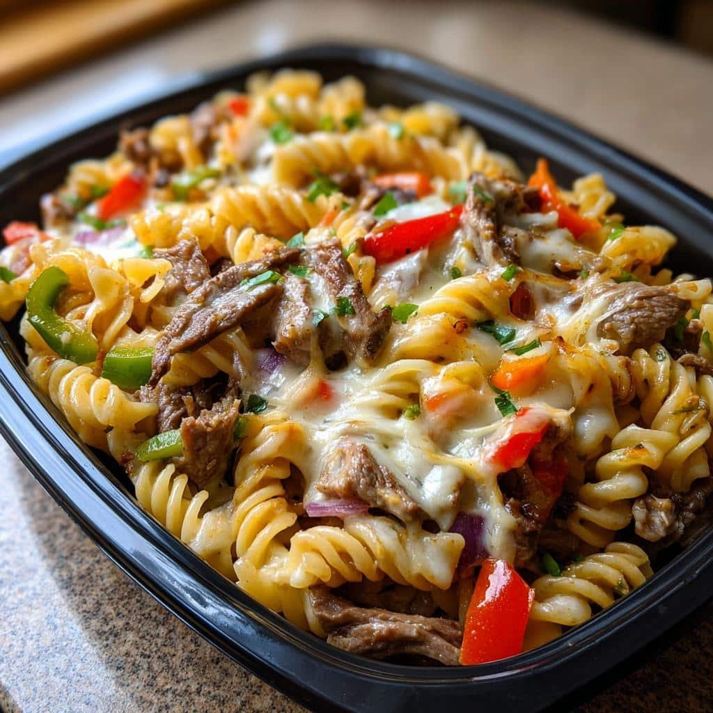 Christmas Healthy Crockpot Philly Cheesesteak Pasta Casserole