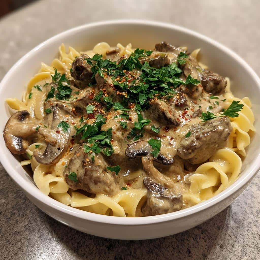 Christmas Healthy Slow Cooker Beef Stroganoff Casserole