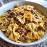 Healthy Cheesy Garlic Butter Beef and Bowtie Pasta