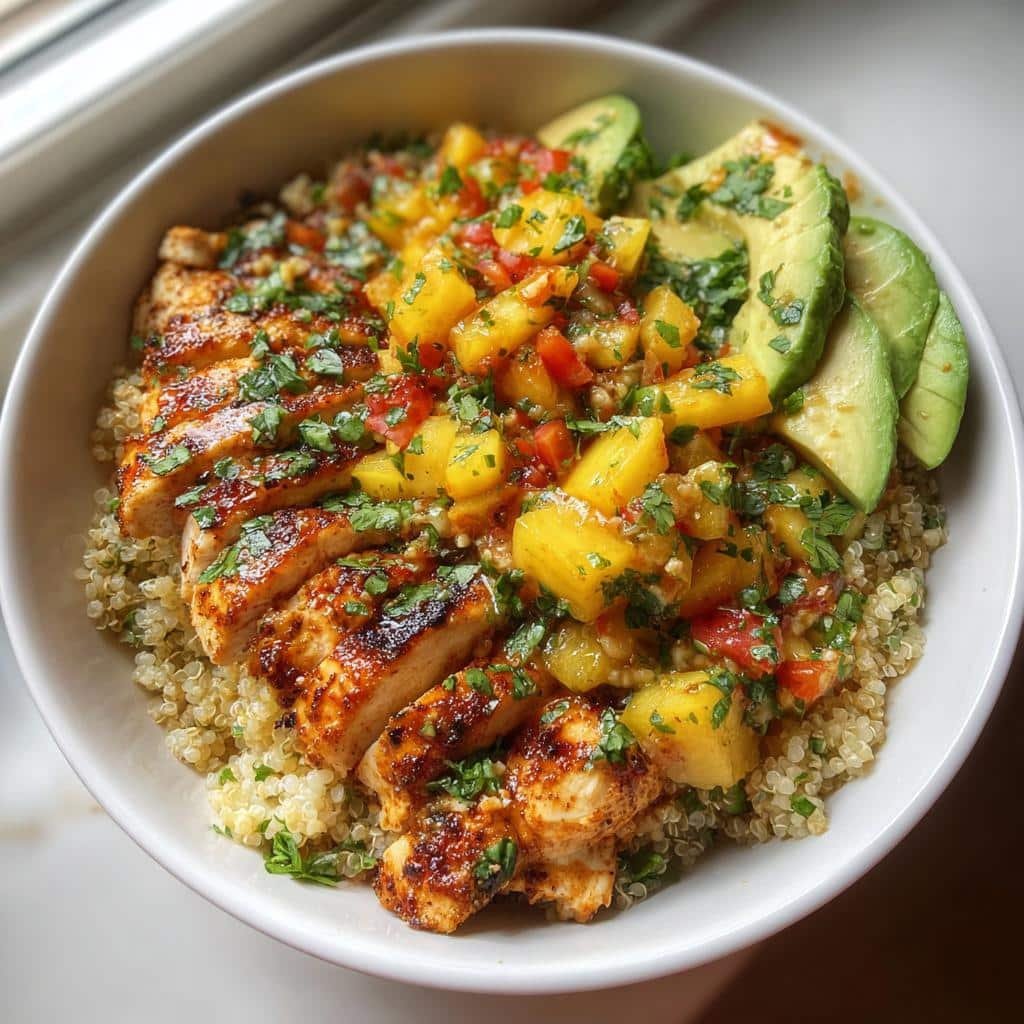 Healthy Cilantro-Lime Chicken Bowls with Peach Salsa