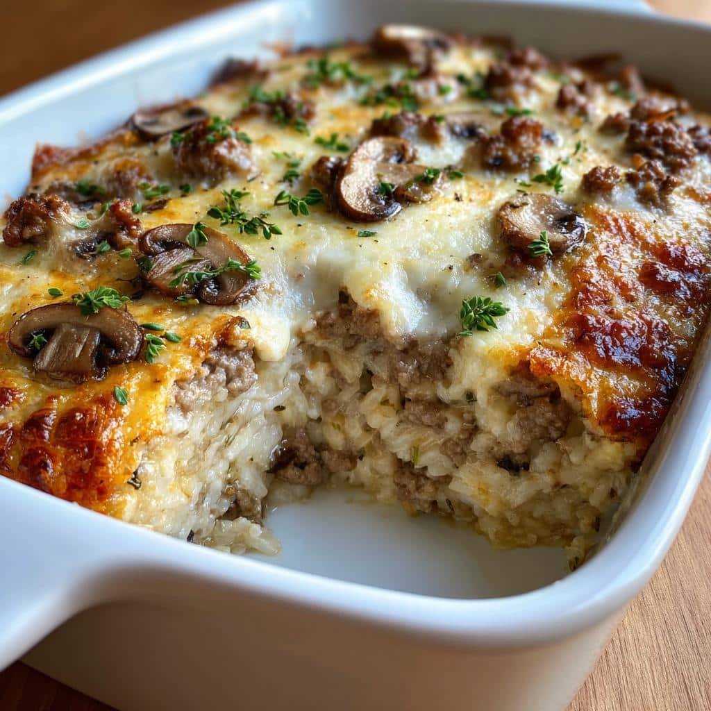Healthy Creamy Beef & Mushroom Rice Bake