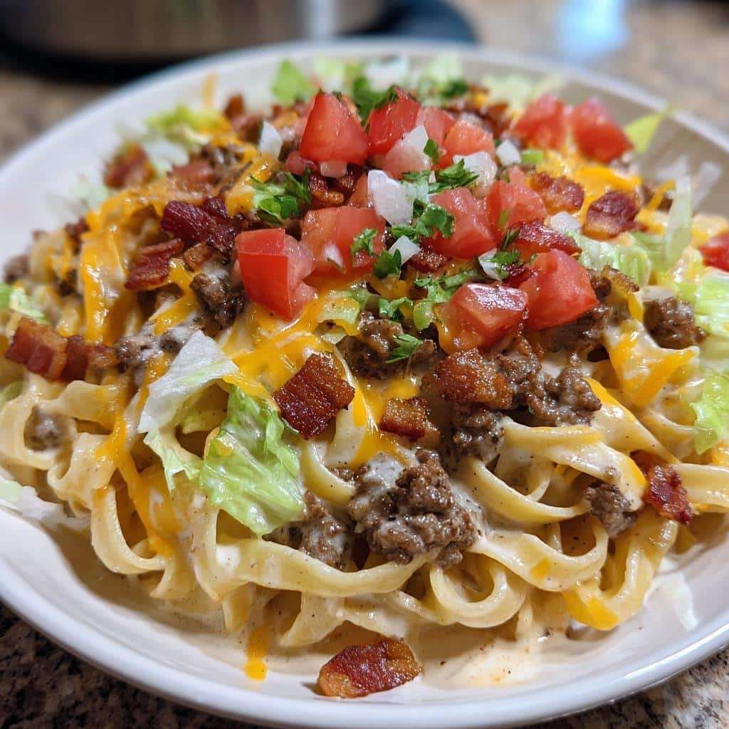 Healthy Creamy Loaded Bacon Cheeseburger Alfredo Pasta - detail 1