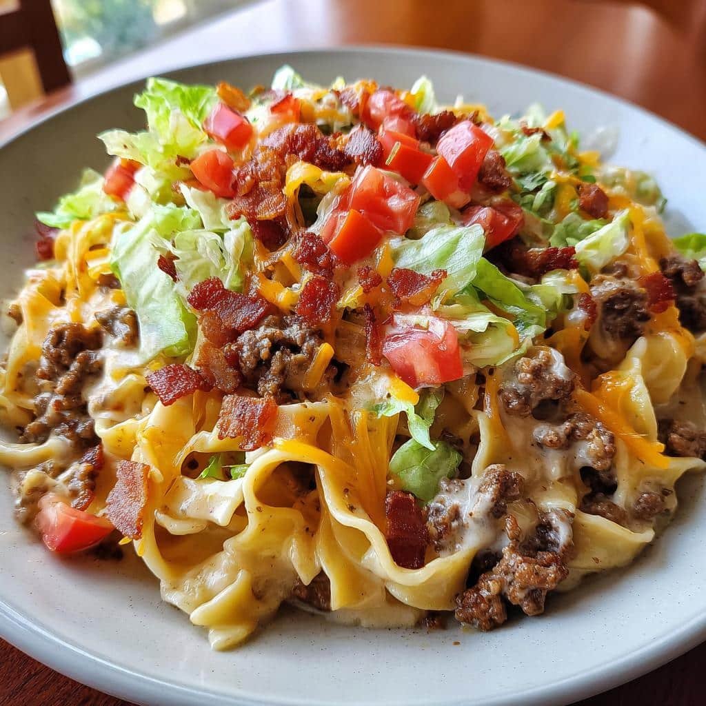 Healthy Creamy Loaded Bacon Cheeseburger Alfredo Pasta
