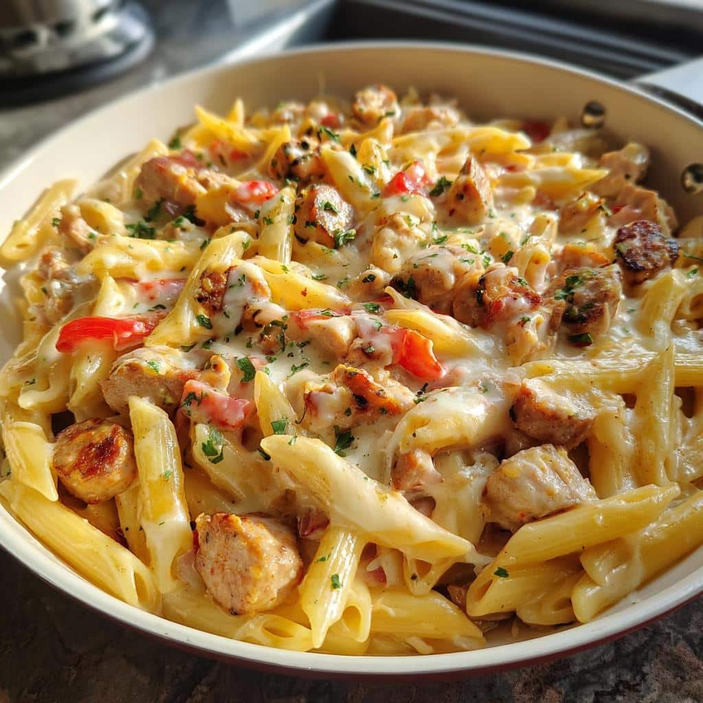 Healthy Creamy Pepper Jack Chicken Sausage Pasta Skillet