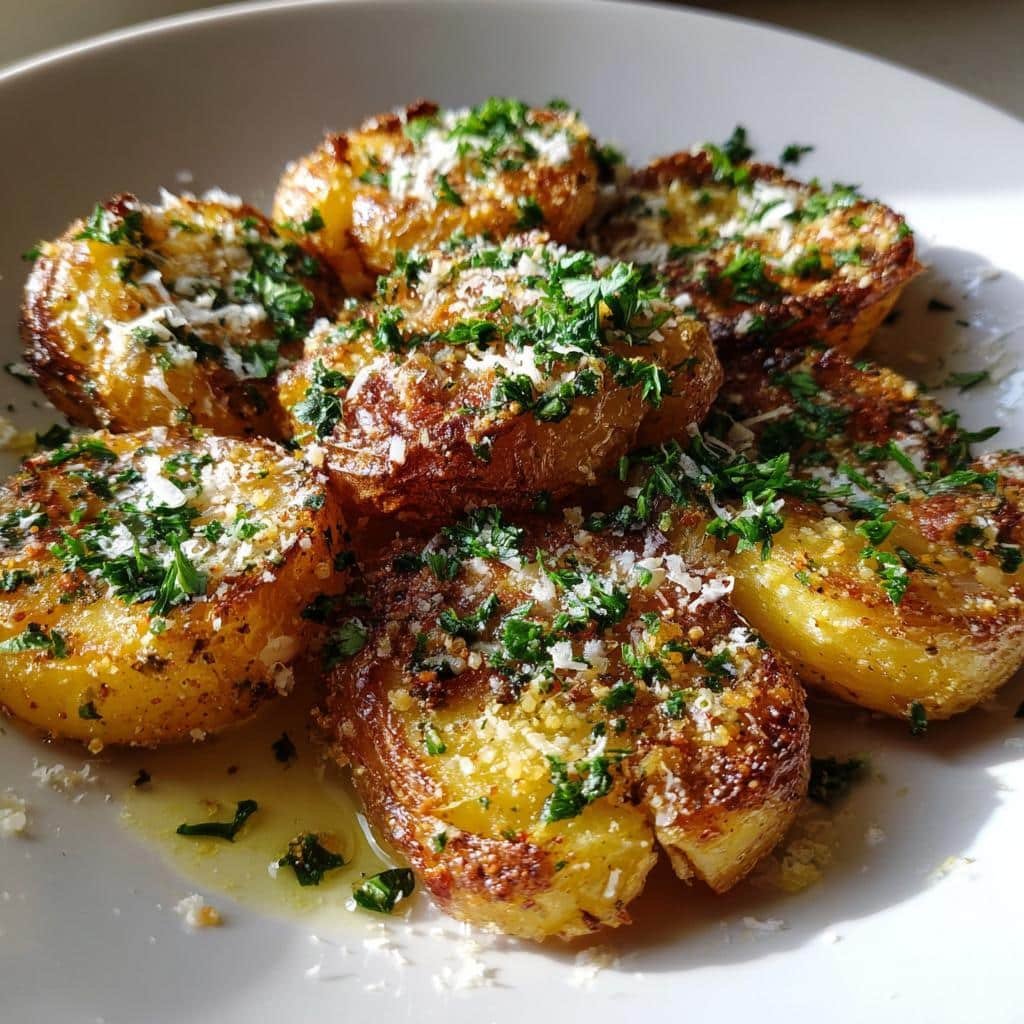 Healthy Crispy Smashed Potatoes with Garlic Parmesan