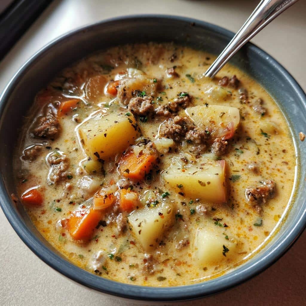 Healthy Crockpot Creamy Potato Hamburger Soup