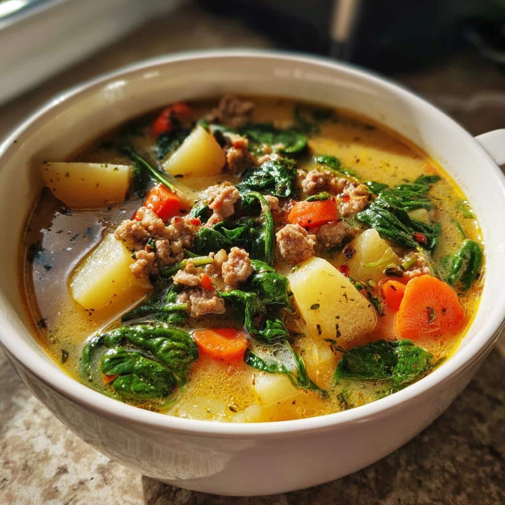 Healthy Italian Sausage Potato Soup with Carrots & Spinach