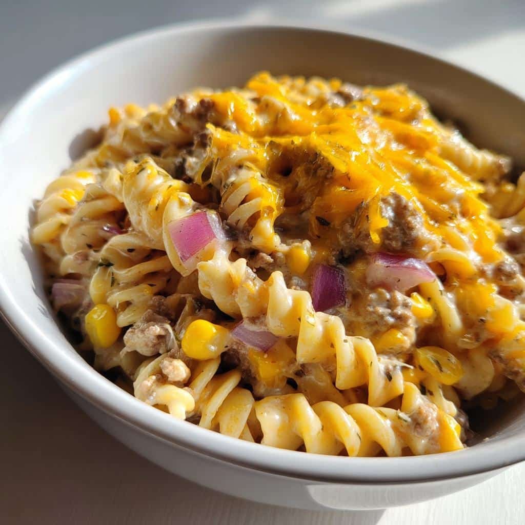 Healthy Loaded Cheddar Ranch Beef and Sweet Corn Rotini