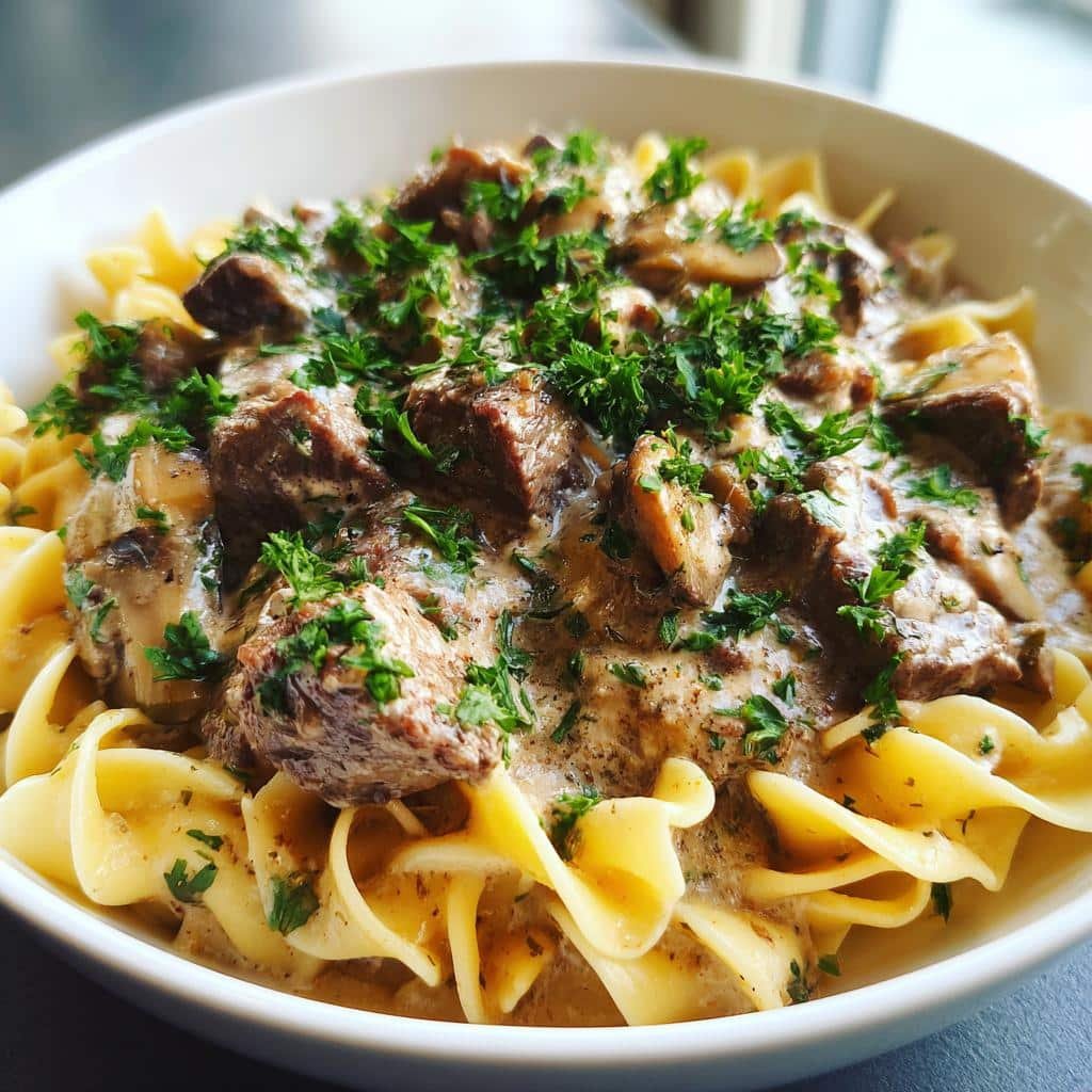 Healthy Slow Cooker Beef Stroganoff Casserole