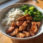 Healthy Sticky Garlic Chicken Bowl with Fluffy Rice & Steamed Broccoli
