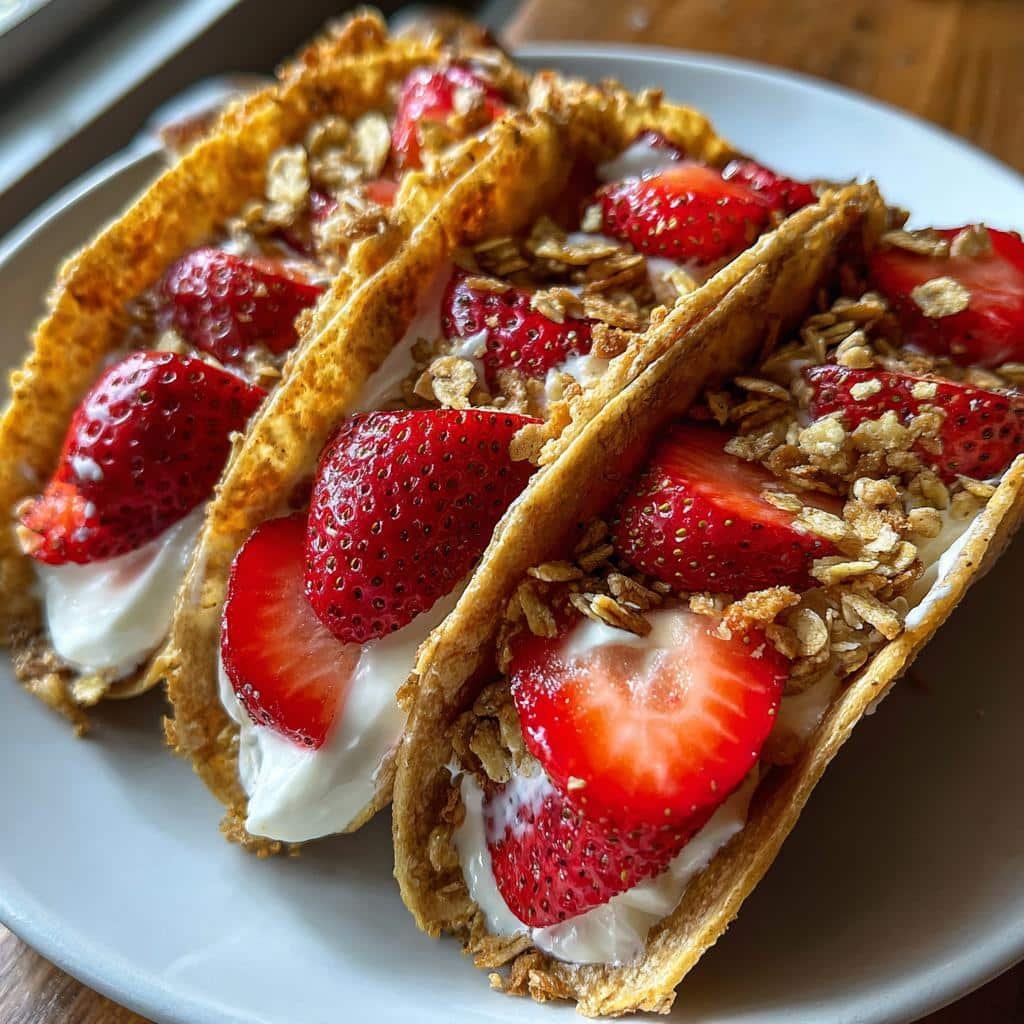 Healthy Strawberry Crunch Cheesecake Tacos