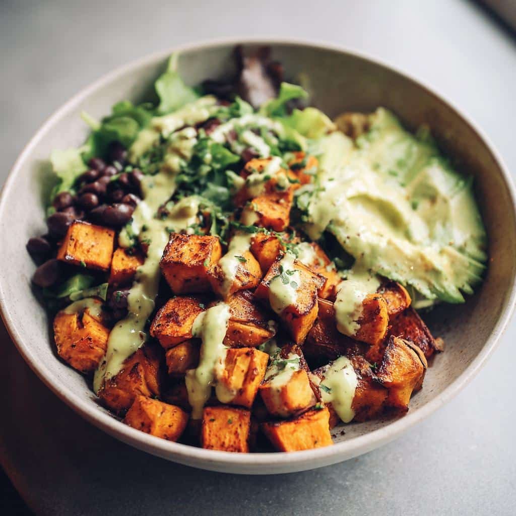 Healthy Sweet Potato and Black Bean Bowls with Avocado Lime Dressing