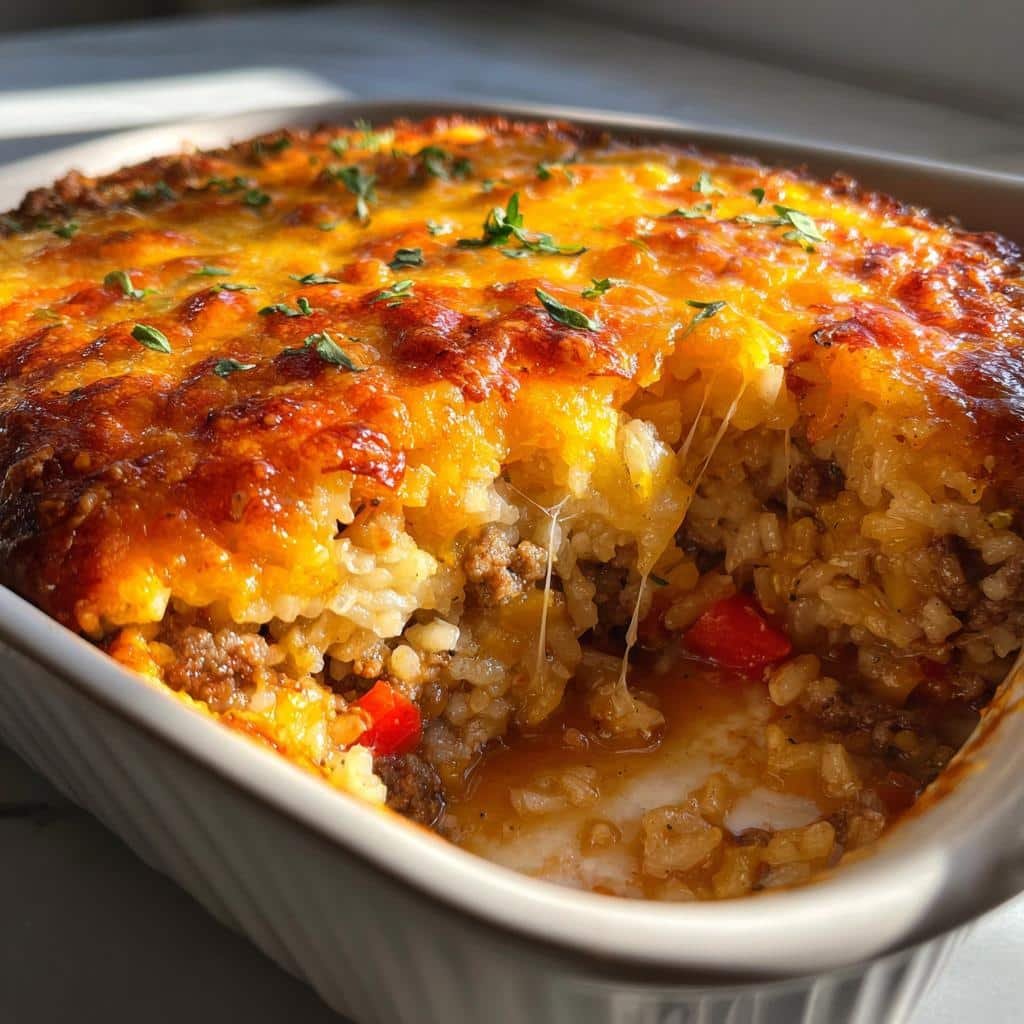 Healthy christmas Cheddar-Crusted Ground Beef and Rice Casserole