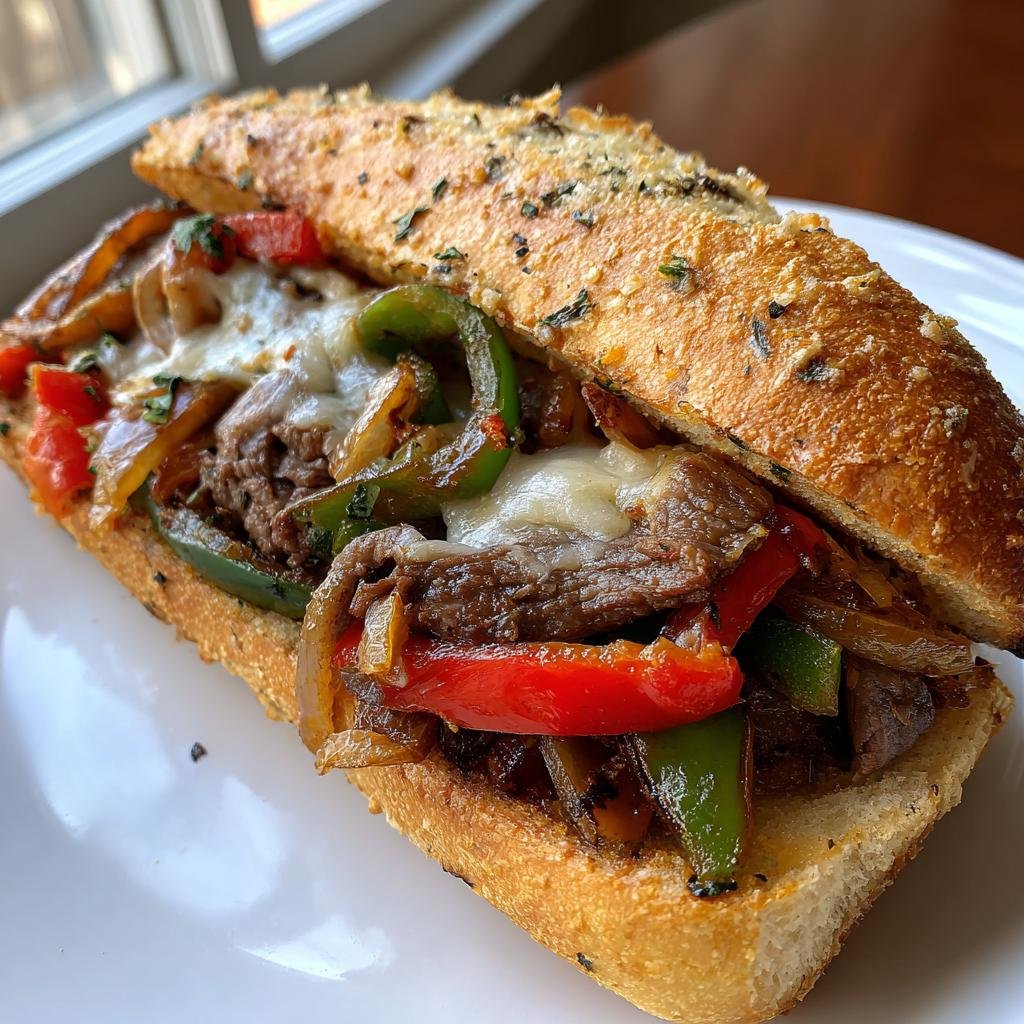 Healthy christmas Cheesesteak on Garlic Parmesan Bread