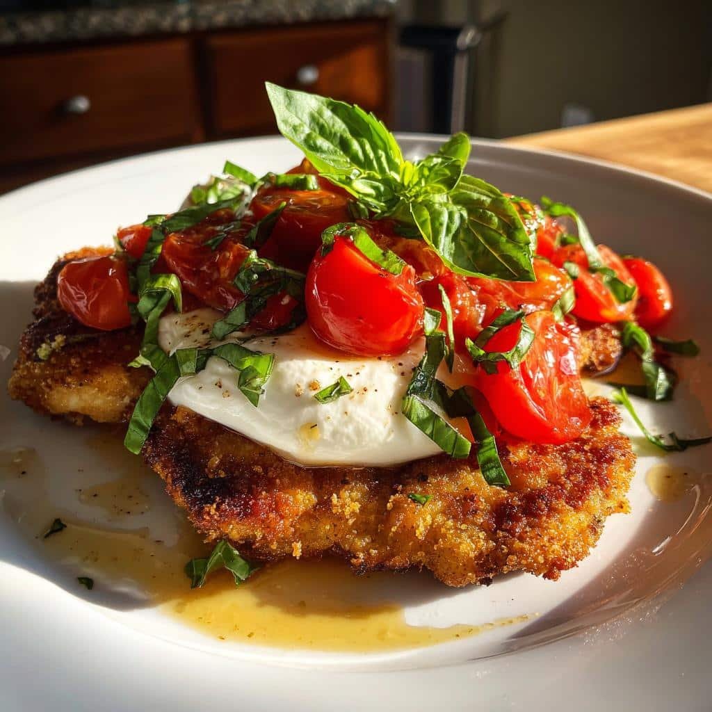Healthy christmas Italian Basil Chicken Cutlets with Tomato and Burrata Topping