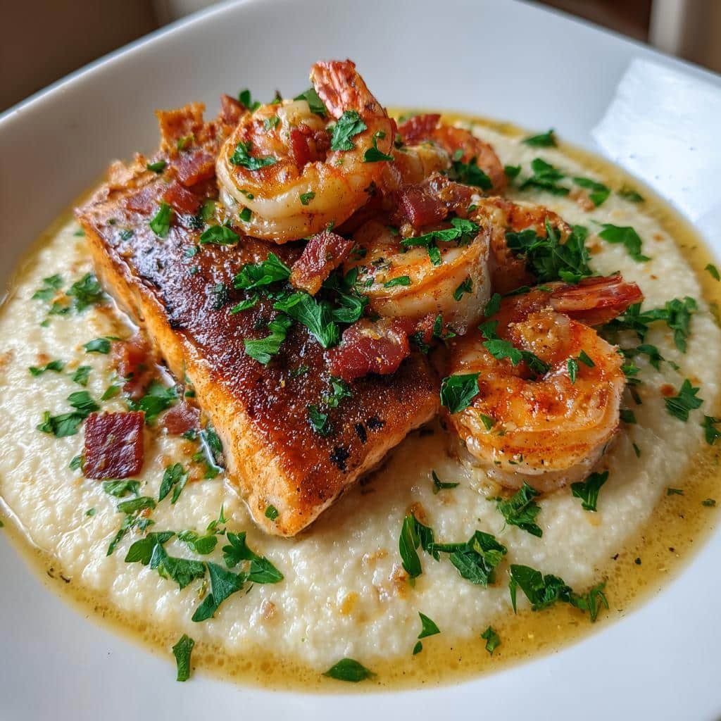 Healthy christmas Salmon, shrimp & bacon grits
