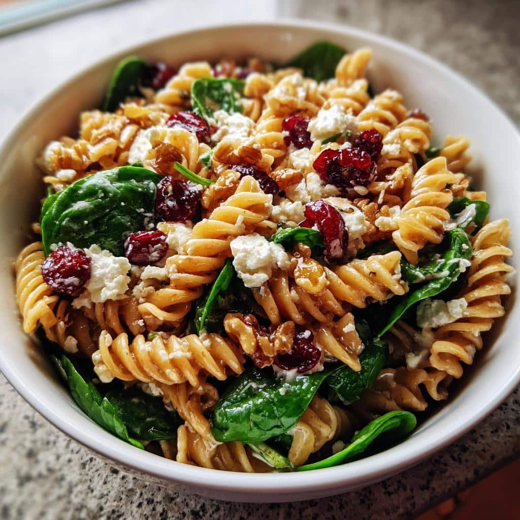 Healthy christmas Spinach Pasta Salad with Feta and Cranberries - detail 1