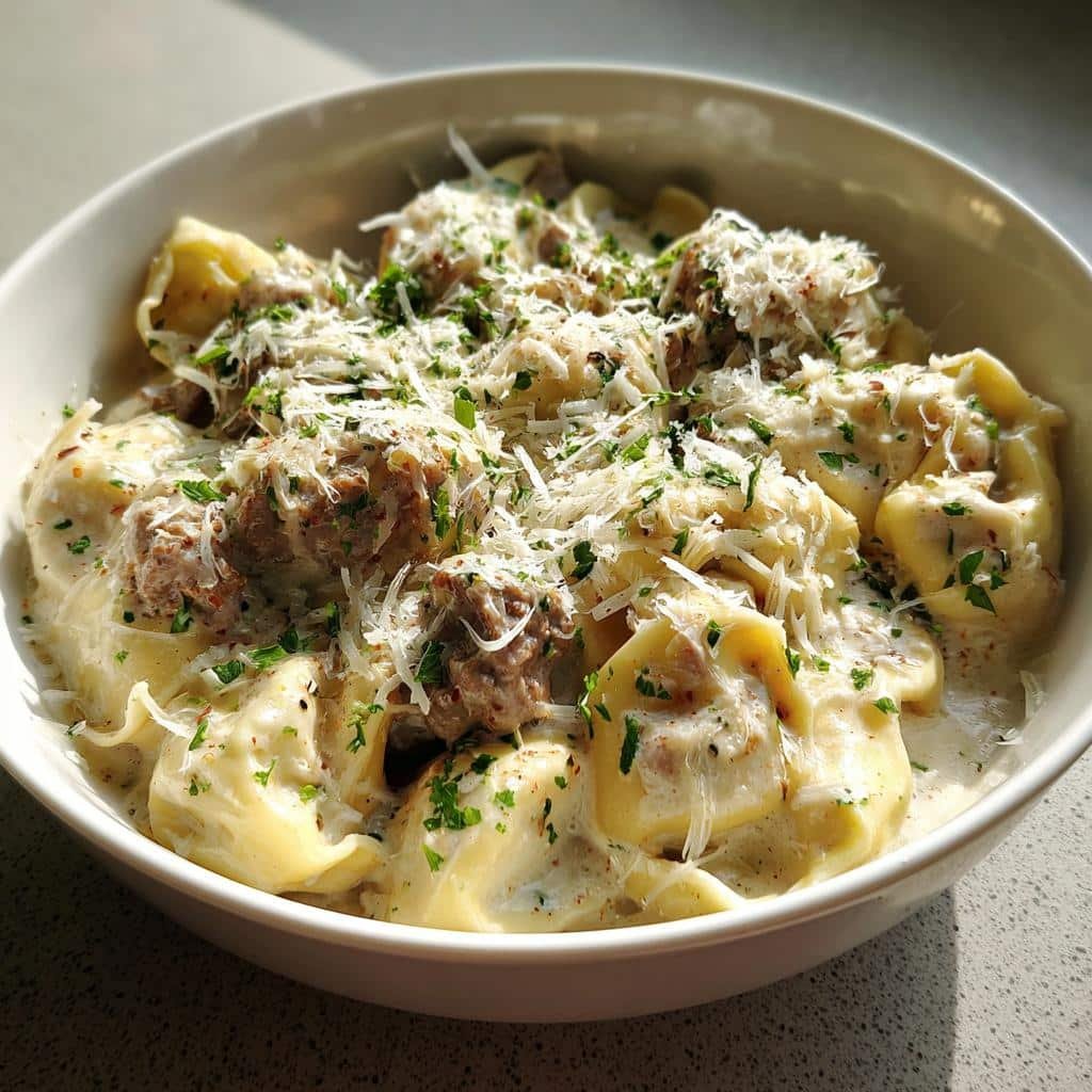 Healthy crockpot Creamy Ranch Beef Tortellini
