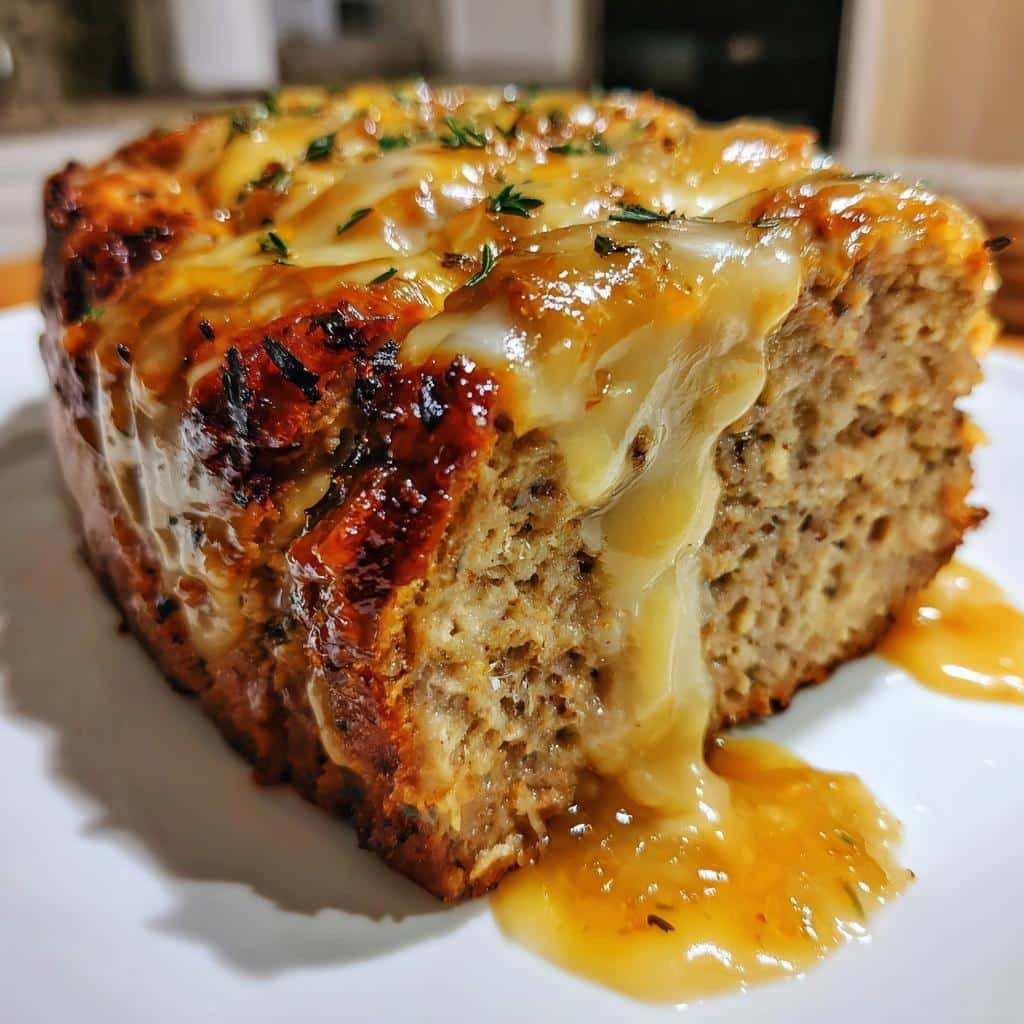 Healthy thanksgiving Crockpot French Onion Meatloaf with Melted Swiss Cheese - detail 1