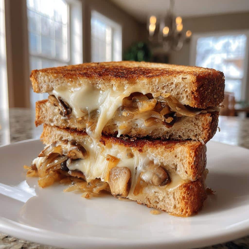 Healthy thanksgiving Grilled Cheese with Gouda, Roasted Mushrooms, and Onions
