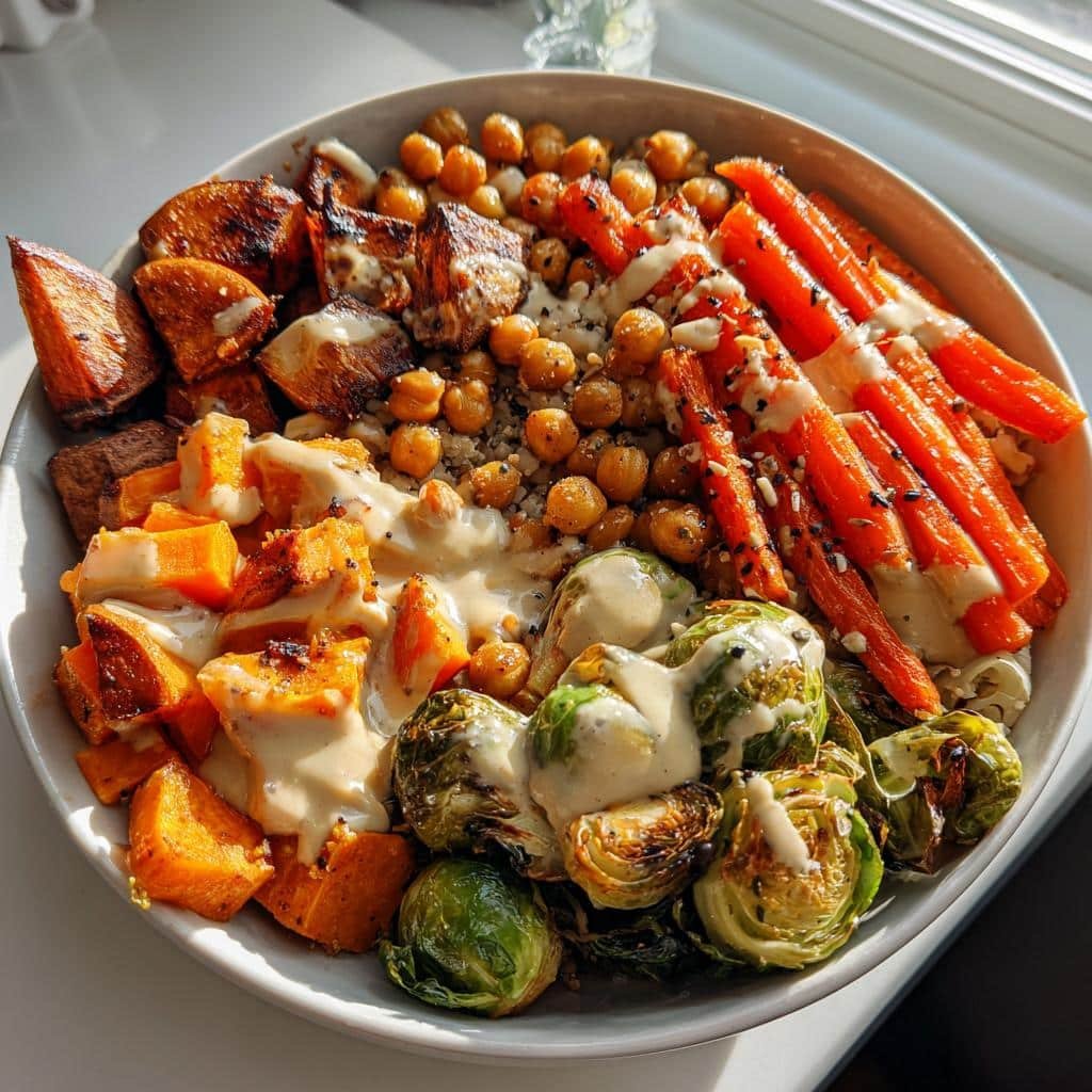 Healthy Thanksgiving Chickpea Bowls: 1 Delicious Fall Feast 4 Healthy thanksgiving Roasted Veggie & Chickpea Bowls with Maple Dijon Tahini Dressing - detail 1