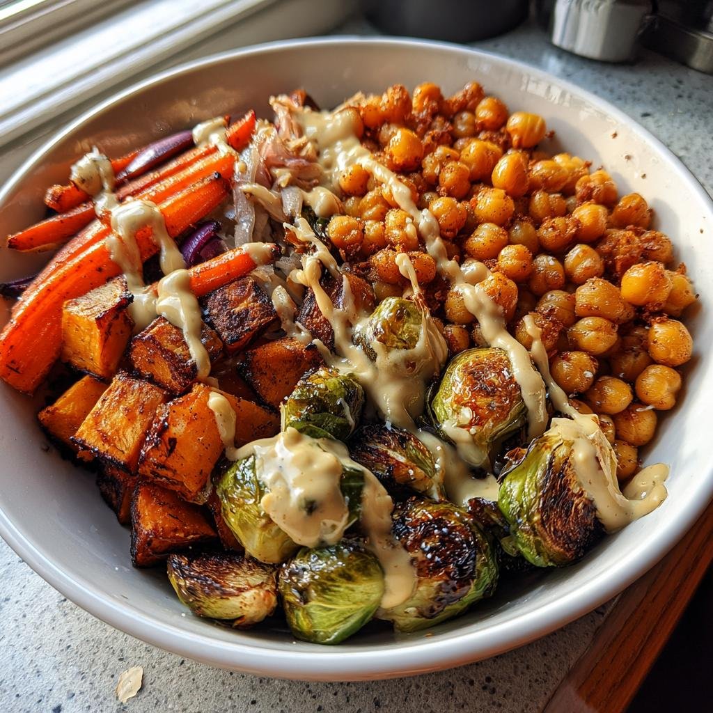 Healthy thanksgiving Roasted Veggie & Chickpea Bowls with Maple Dijon Tahini Dressing