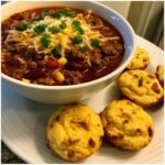 Chili with bacon pimento cornbread muffins