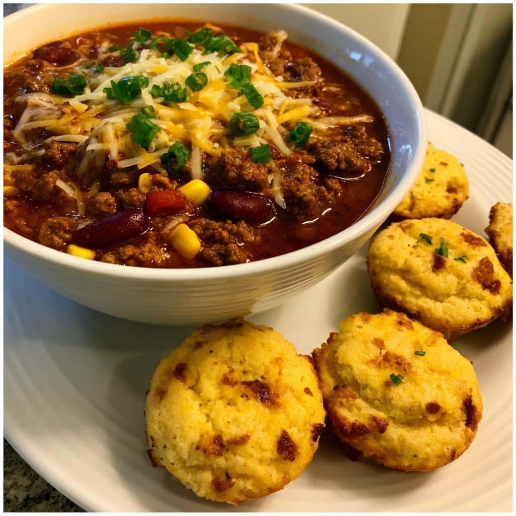 Chili with bacon pimento cornbread muffins
