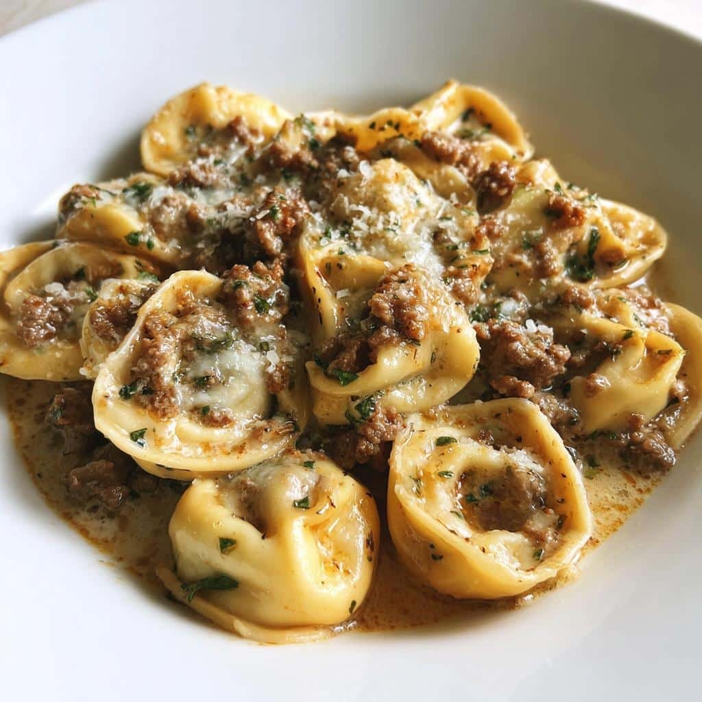 Healthy CHEESY GROUND BEEF TORTELLINI IN CREAMY GARLIC HERB PARMESAN SAUCE - detail 1