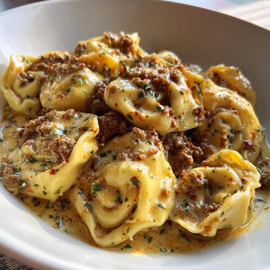 Healthy CHEESY GROUND BEEF TORTELLINI IN CREAMY GARLIC HERB PARMESAN SAUCE