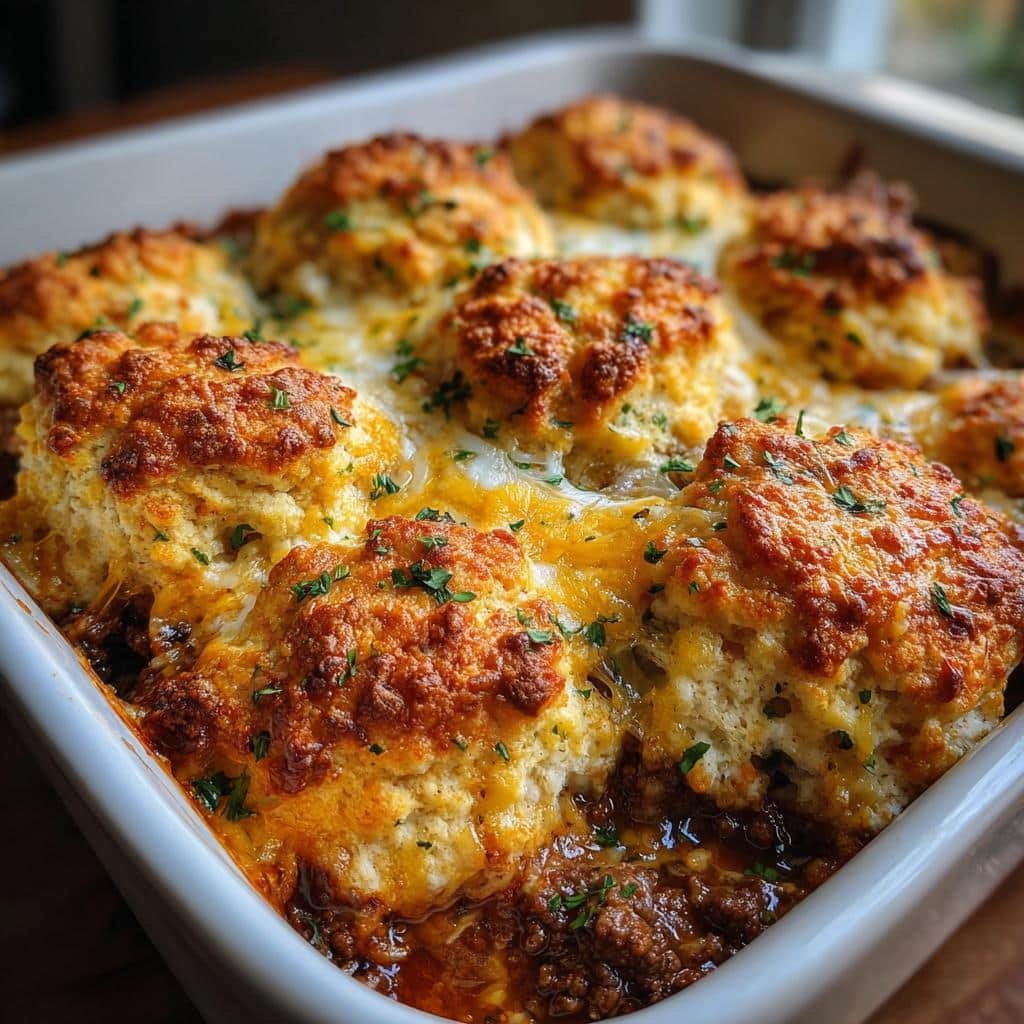 Healthy Cheddar Bay Beef Cobbler