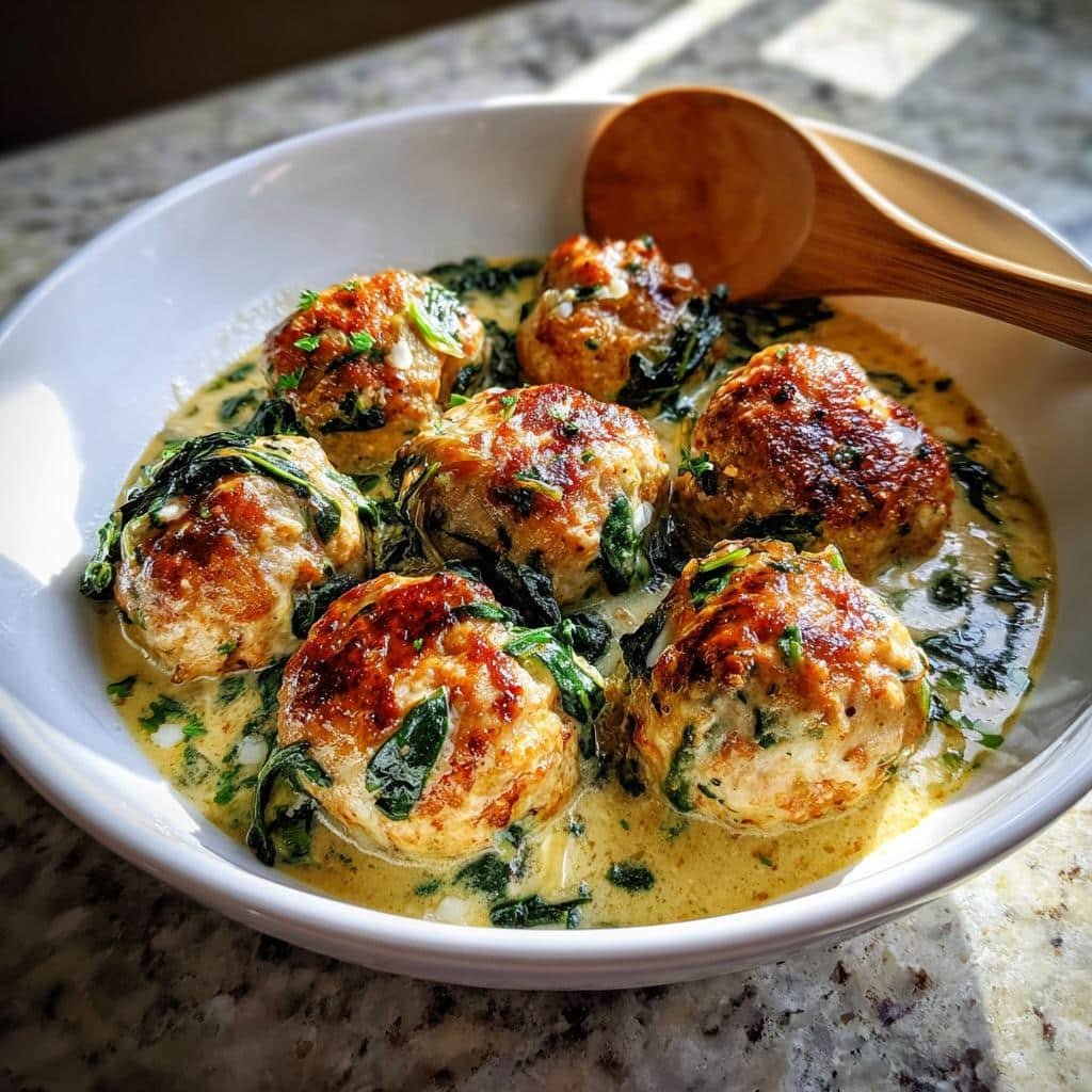 Healthy Chicken Ricotta Meatballs in Spinach Alfredo Sauce - detail 1