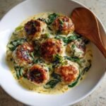 Healthy Chicken Ricotta Meatballs in Spinach Alfredo Sauce