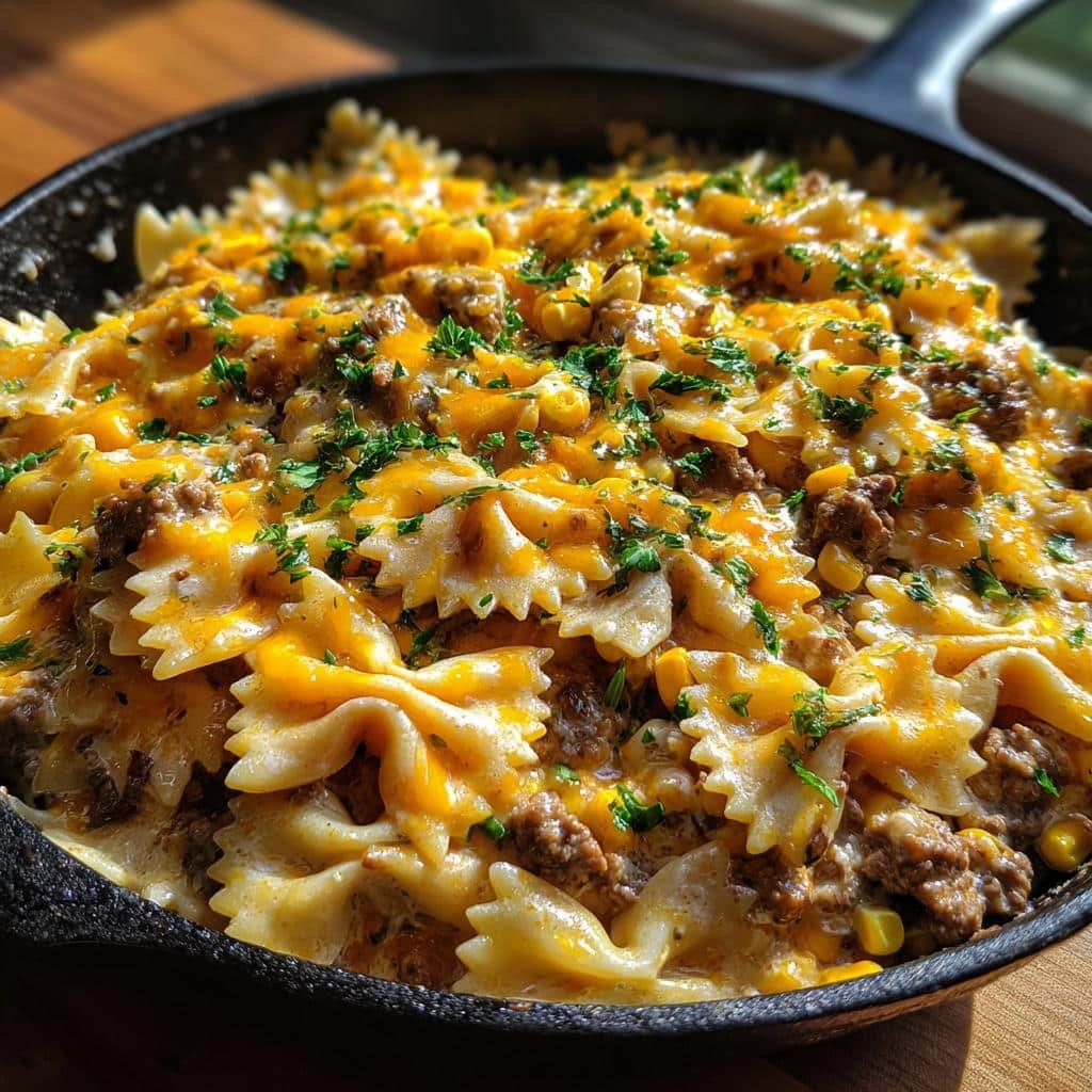 Healthy Creamy Ranch Beef Bowtie Skillet with Sweet Corn Magic