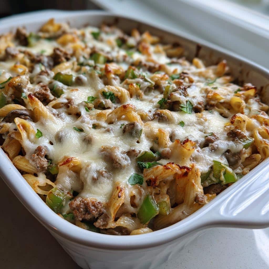 Healthy Crockpot Philly Cheesesteak Pasta Casserole - detail 1