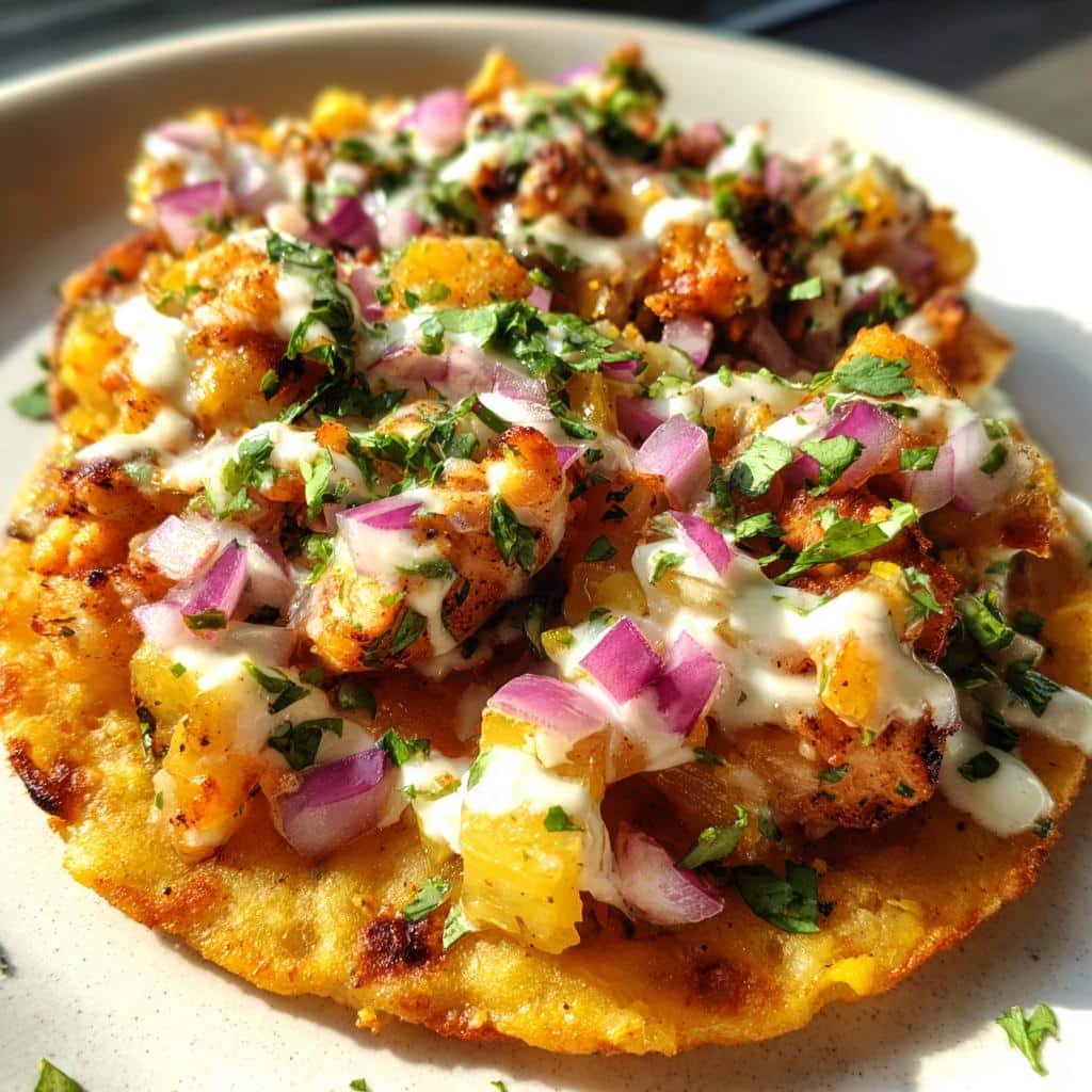 Healthy Crunchy Pineapple Jalapeño Chicken Tostadas with Lime Crema