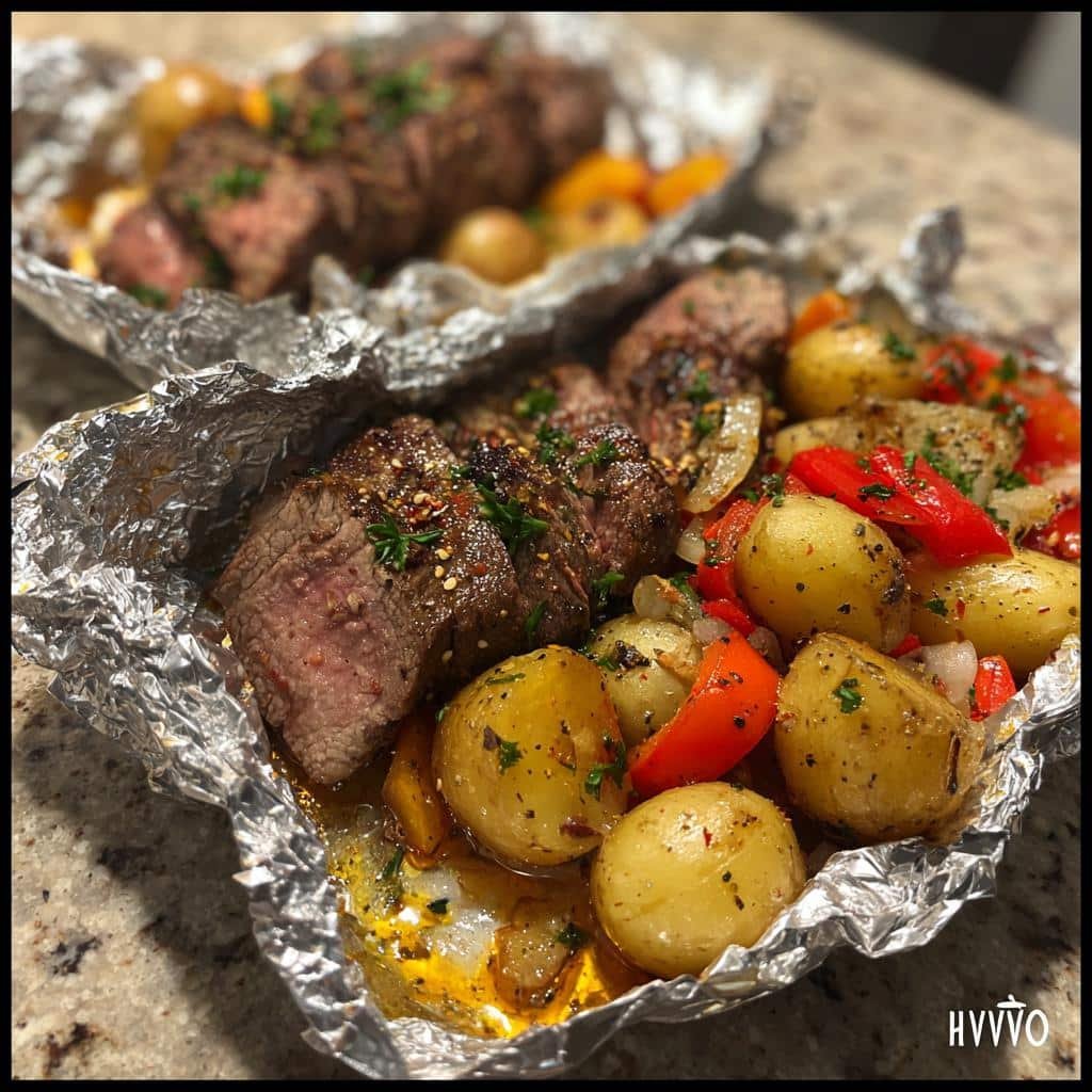 Healthy GARLIC STEAK & POTATO FOIL PACKETS